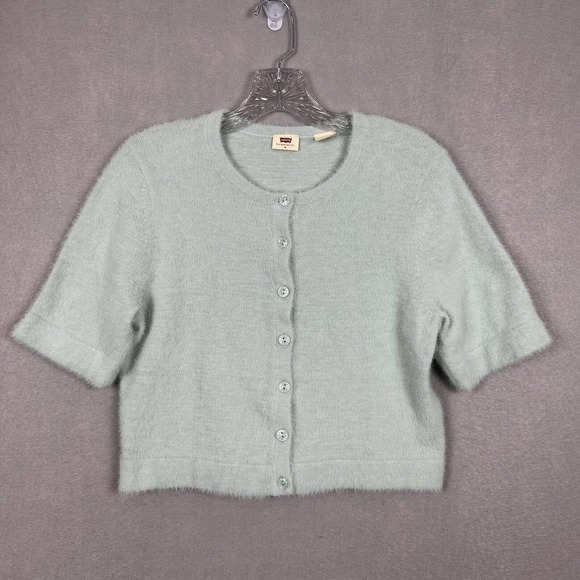 Levi's Crop Top Size Medium Mint Green Fuzzy Button Up Short Sleeve Cozy - Picture 1 of 11
